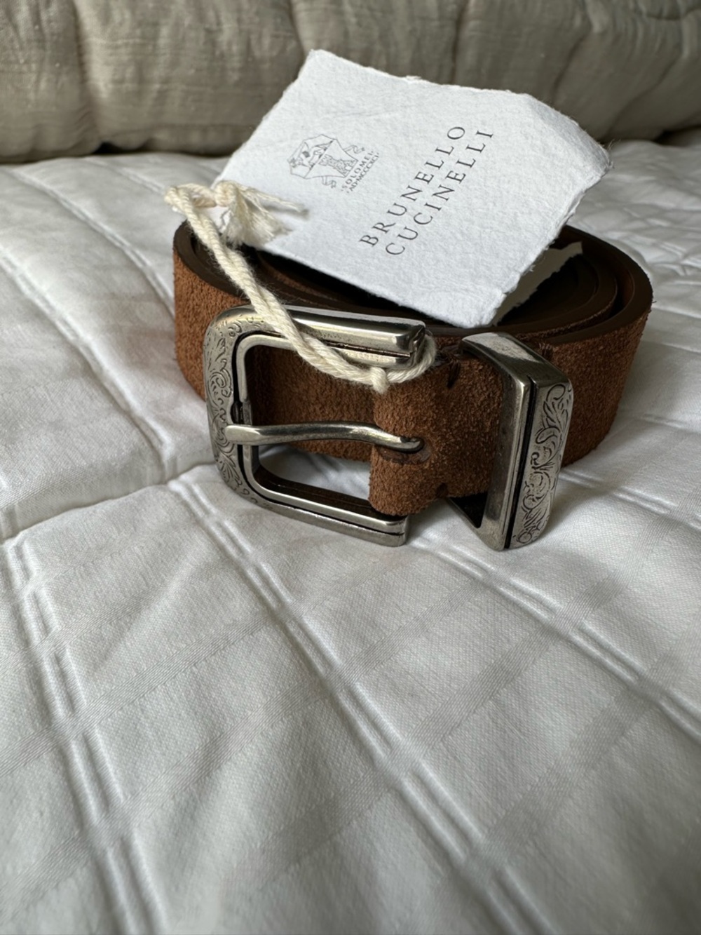 Brunello Cucinelli Men’s Tan Suede Belt with Engraved Silver Buckle